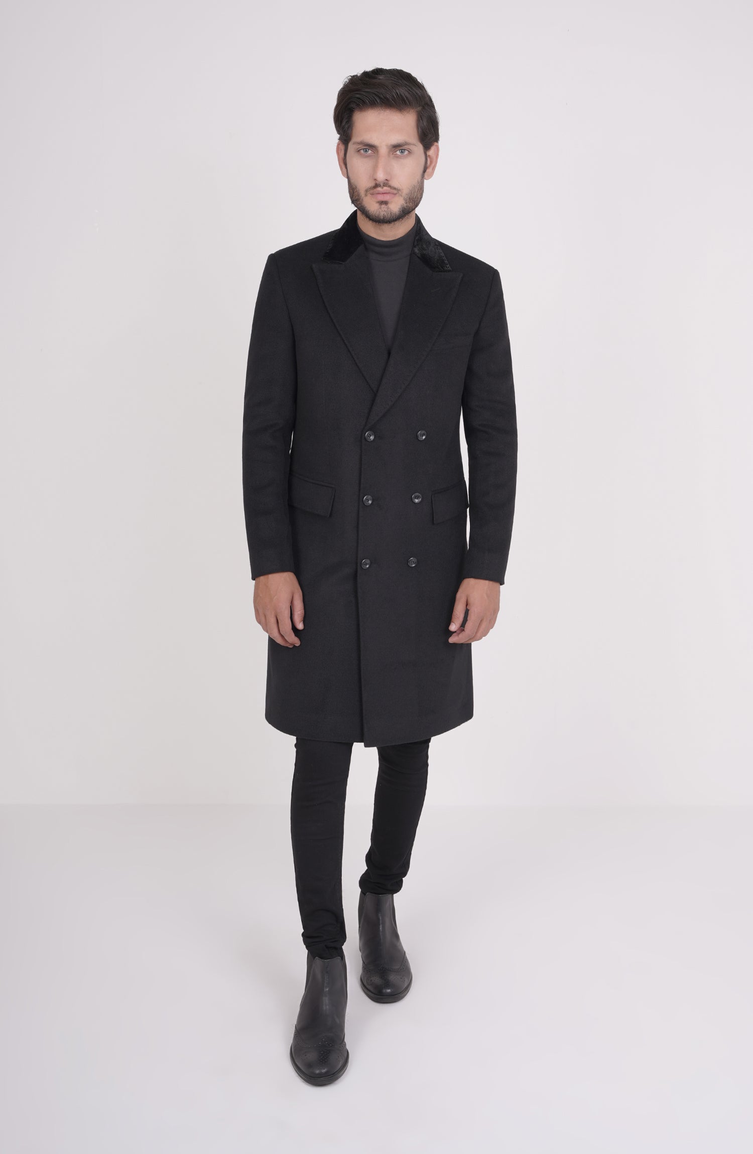 Long black double breasted coat hotsell