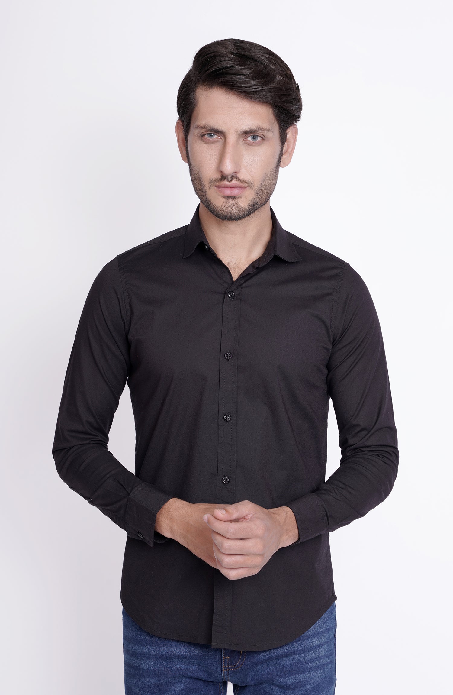 MWF901B323-COLLAR SHIRT IN POPLINE-BLACK – Leisure Club Official