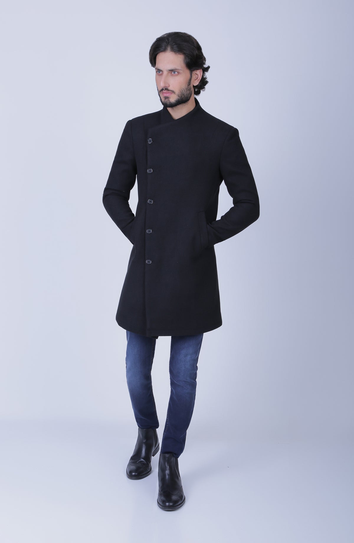 MCW602421 ASYMETRICAL WOOL LONG COAT BLACK Leisure Club Official